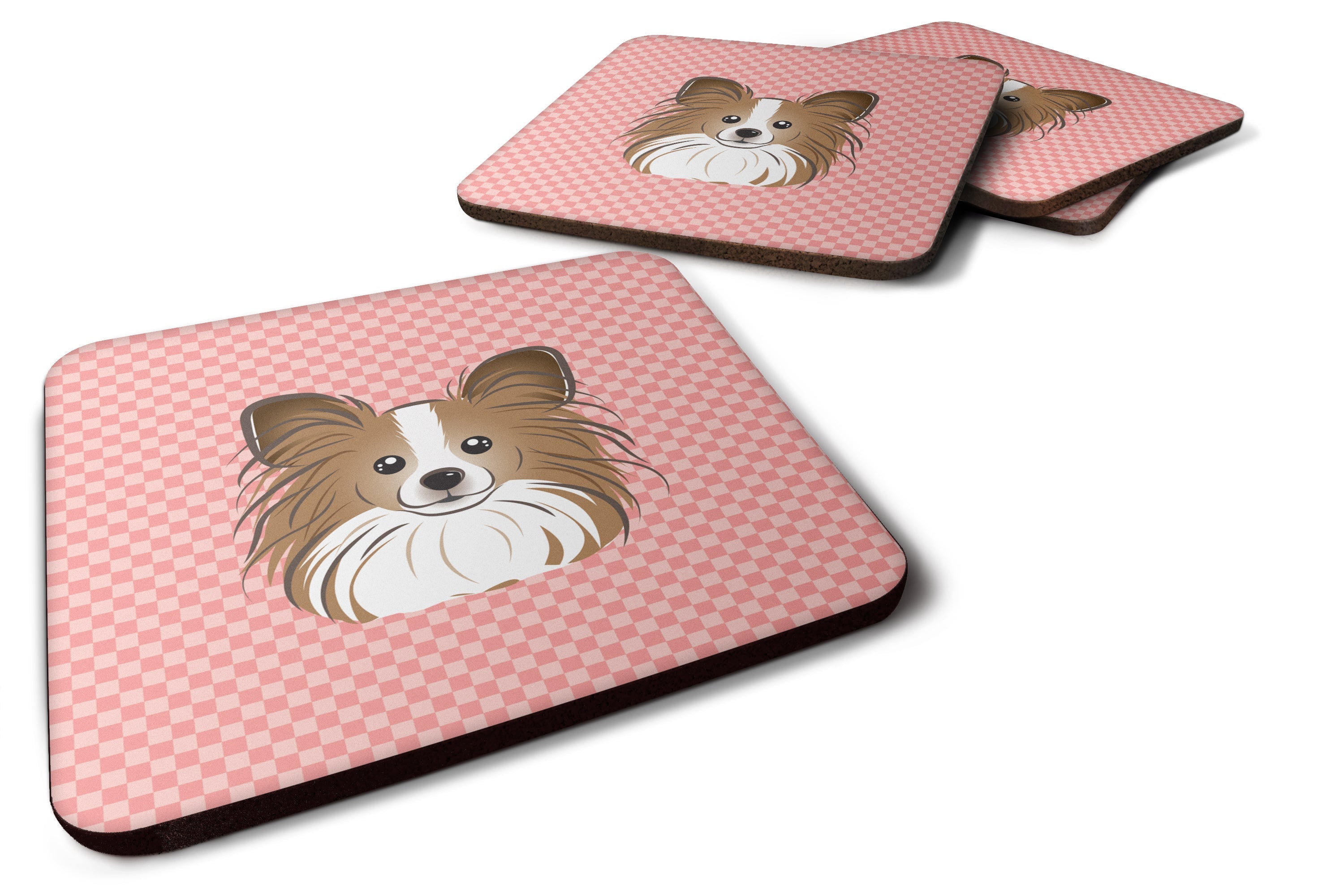 Checkerboard Pink Papillon Foam Coasters Set of 4 Cup Coasters for Indoor Outdoor, Tabletop Protection, Anti Slip, Mouse pad Material