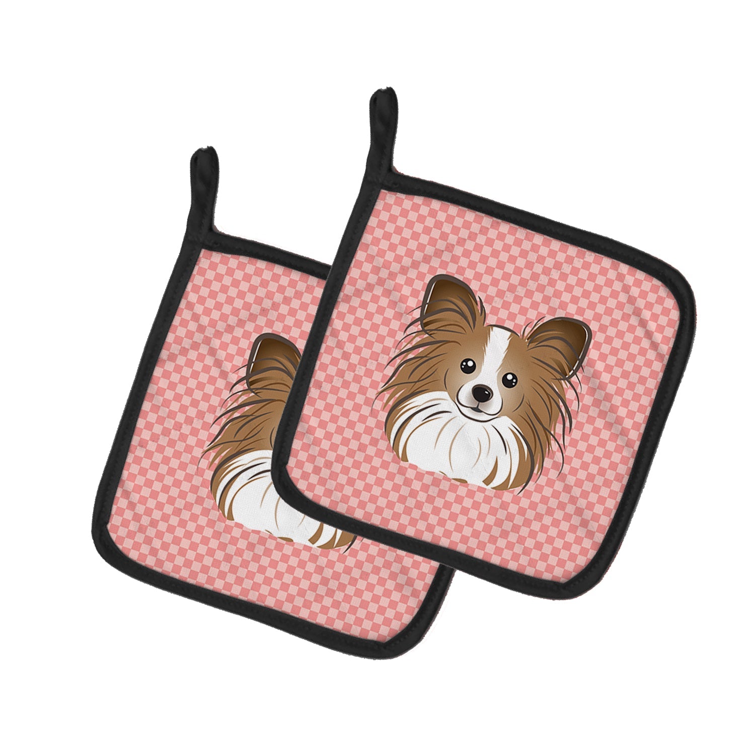 Checkerboard Pink Papillon Pot Holder Set of 2 Heat Resistant Quilted Hot Pads 7.5 x 7.5 Inch, Insulated Kitchen Trivets for Cooking & Baking