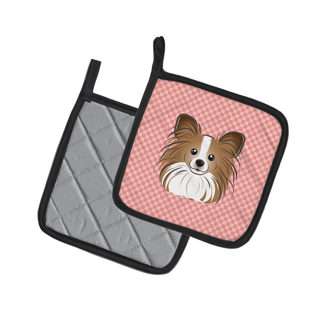 Checkerboard Pink Papillon Pot Holder Set of 2 Heat Resistant Quilted Hot Pads 7.5 x 7.5 Inch, Insulated Kitchen Trivets for Cooking & Baking