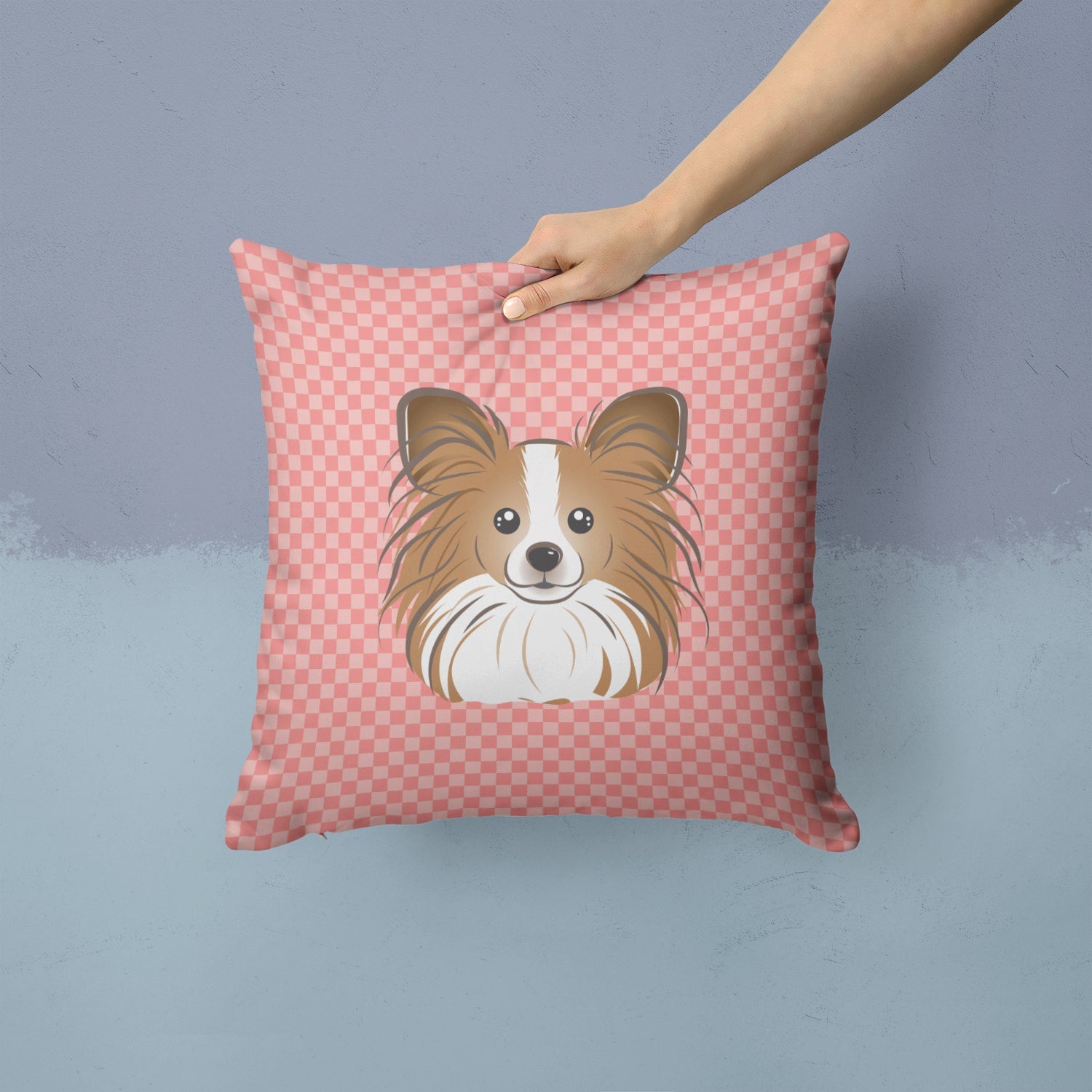 Checkerboard Pink Papillon Decorative Throw Pillow 14x14 Indoor Outdoor Accent Cushion, Fabric Cover with Insert for Sofa, Bed, Porch & Living Room