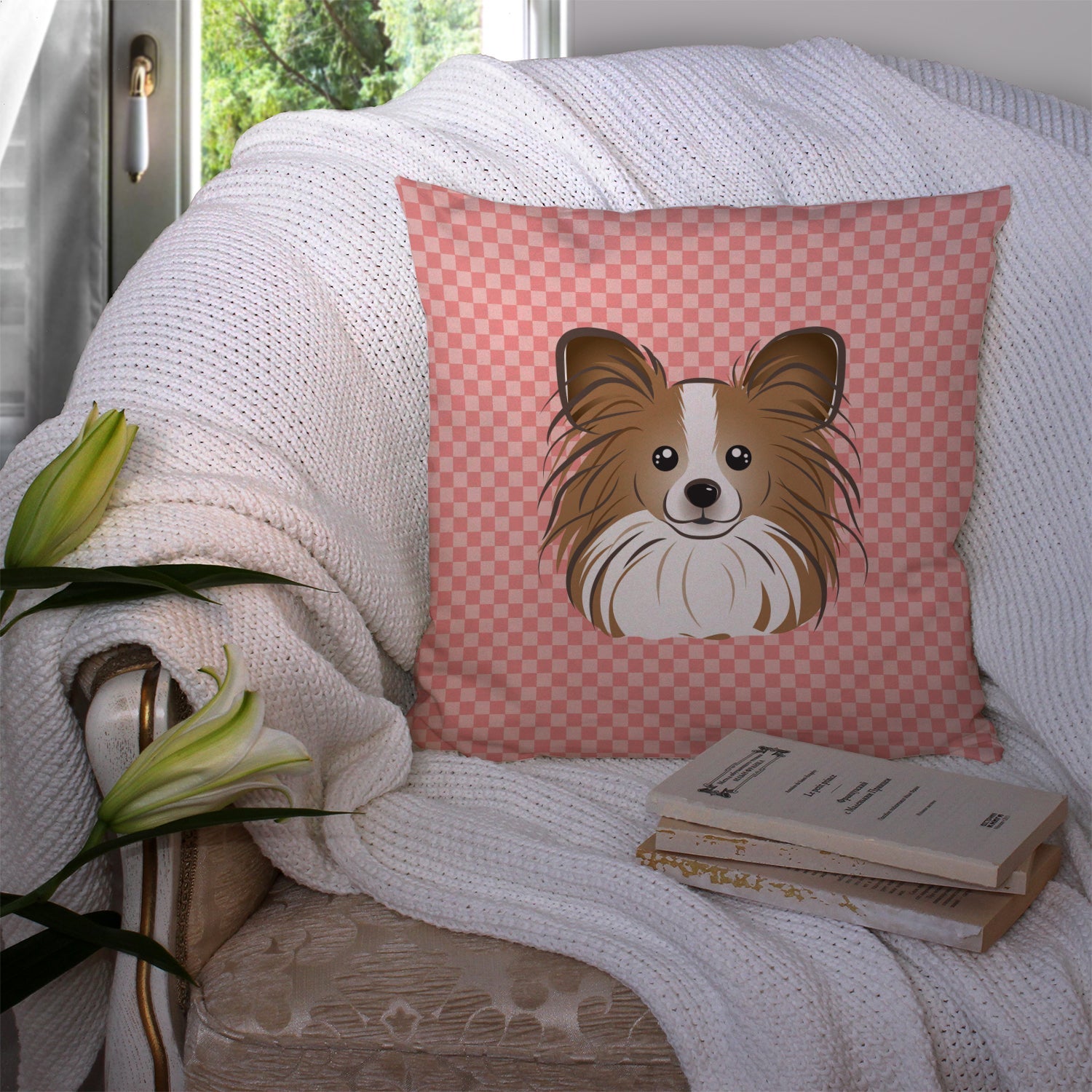 Checkerboard Pink Papillon Decorative Throw Pillow 14x14 Indoor Outdoor Accent Cushion, Fabric Cover with Insert for Sofa, Bed, Porch & Living Room