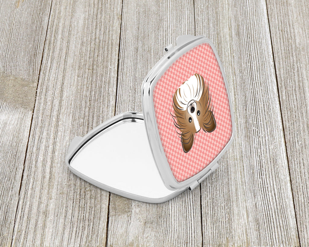 Checkerboard Pink Papillon Compact Mirror Decorative Travel Makeup Mirror for Women Girls Gifts Pocket Makeup Mirror Folding Handheld