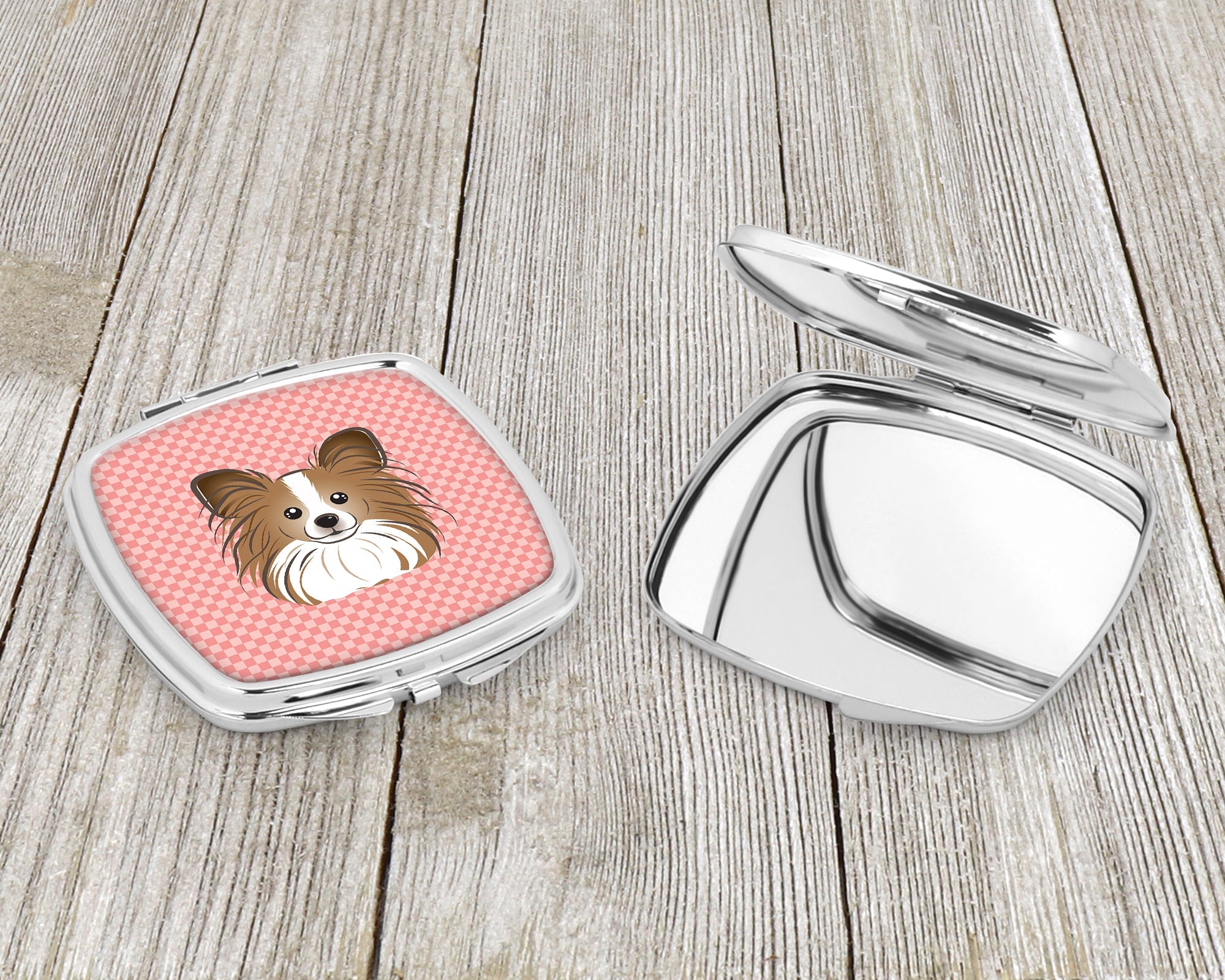 Checkerboard Pink Papillon Compact Mirror Decorative Travel Makeup Mirror for Women Girls Gifts Pocket Makeup Mirror Folding Handheld