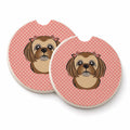 Checkerboard Pink Chocolate Brown Shih Tzu Set of 2 Cup Holder Car Coasters Absorbent Round Sandstone Coasters Gifts for Men or Women, 2.5, Multicolor