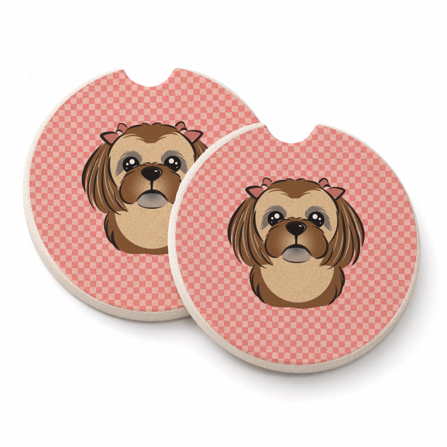 Checkerboard Pink Chocolate Brown Shih Tzu Set of 2 Cup Holder Car Coasters Absorbent Round Sandstone Coasters Gifts for Men or Women, 2.5, Multicolor