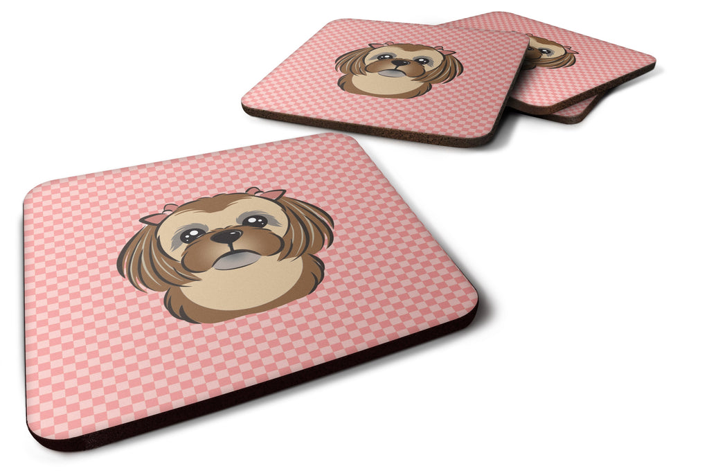 Checkerboard Pink Chocolate Brown Shih Tzu Foam Coasters Set of 4 Cup Coasters for Indoor Outdoor, Tabletop Protection, Anti Slip, Mouse pad Material