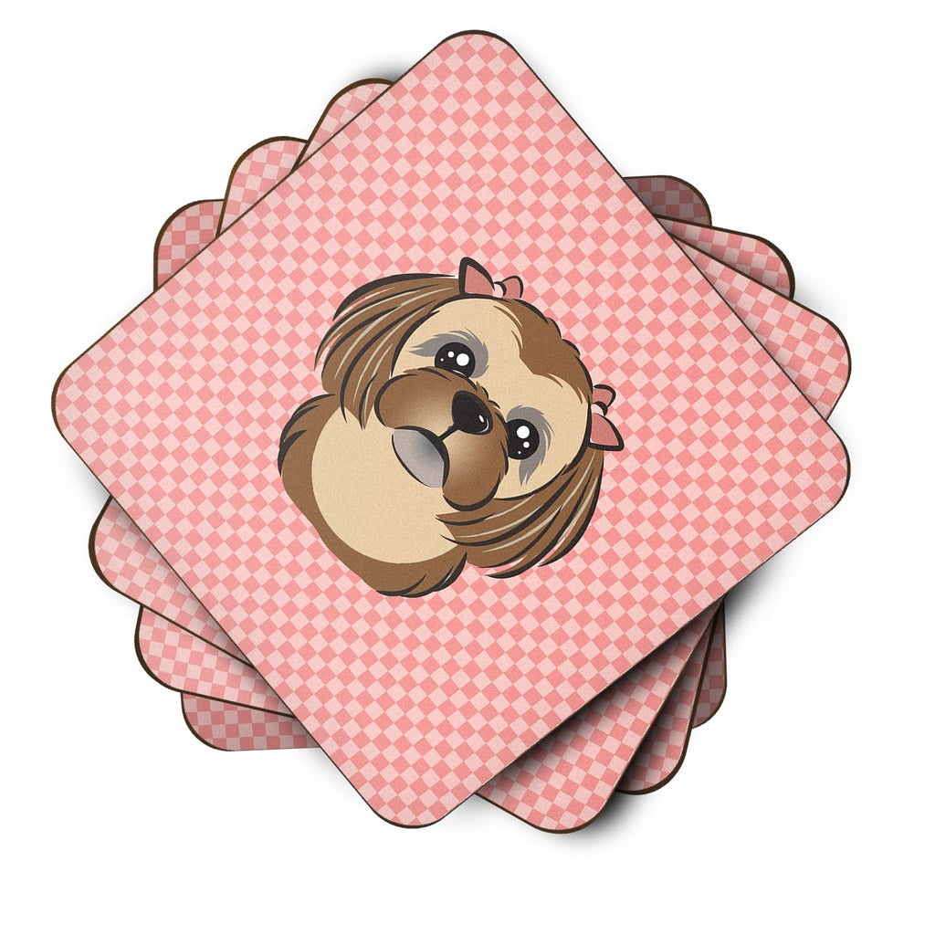Checkerboard Pink Chocolate Brown Shih Tzu Foam Coasters Set of 4 Cup Coasters for Indoor Outdoor, Tabletop Protection, Anti Slip, Mouse pad Material