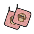Checkerboard Pink Chocolate Brown Shih Tzu Pot Holder Set of 2 Heat Resistant Quilted Hot Pads 7.5 x 7.5 Inch, Insulated Kitchen Trivets for Cooking & Baking