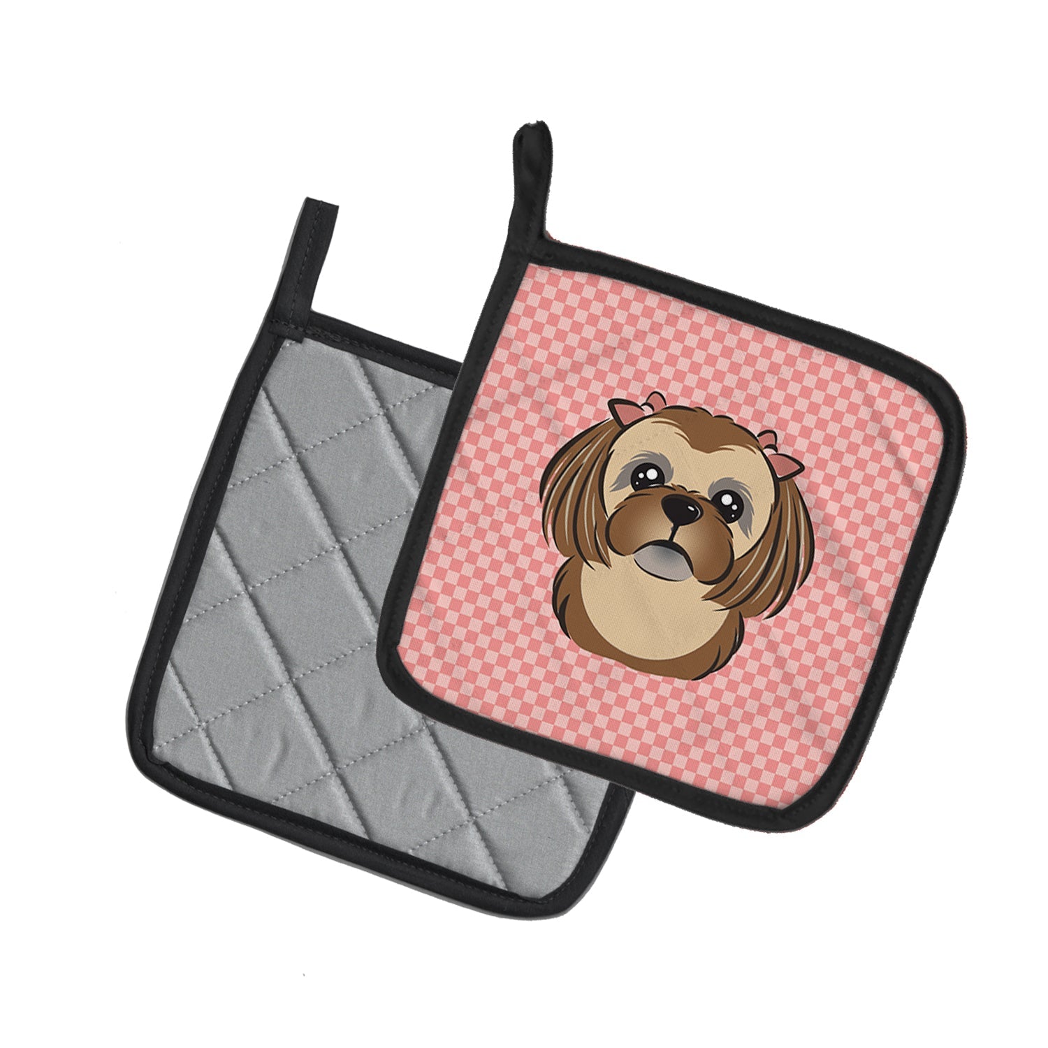 Checkerboard Pink Chocolate Brown Shih Tzu Pot Holder Set of 2 Heat Resistant Quilted Hot Pads 7.5 x 7.5 Inch, Insulated Kitchen Trivets for Cooking & Baking