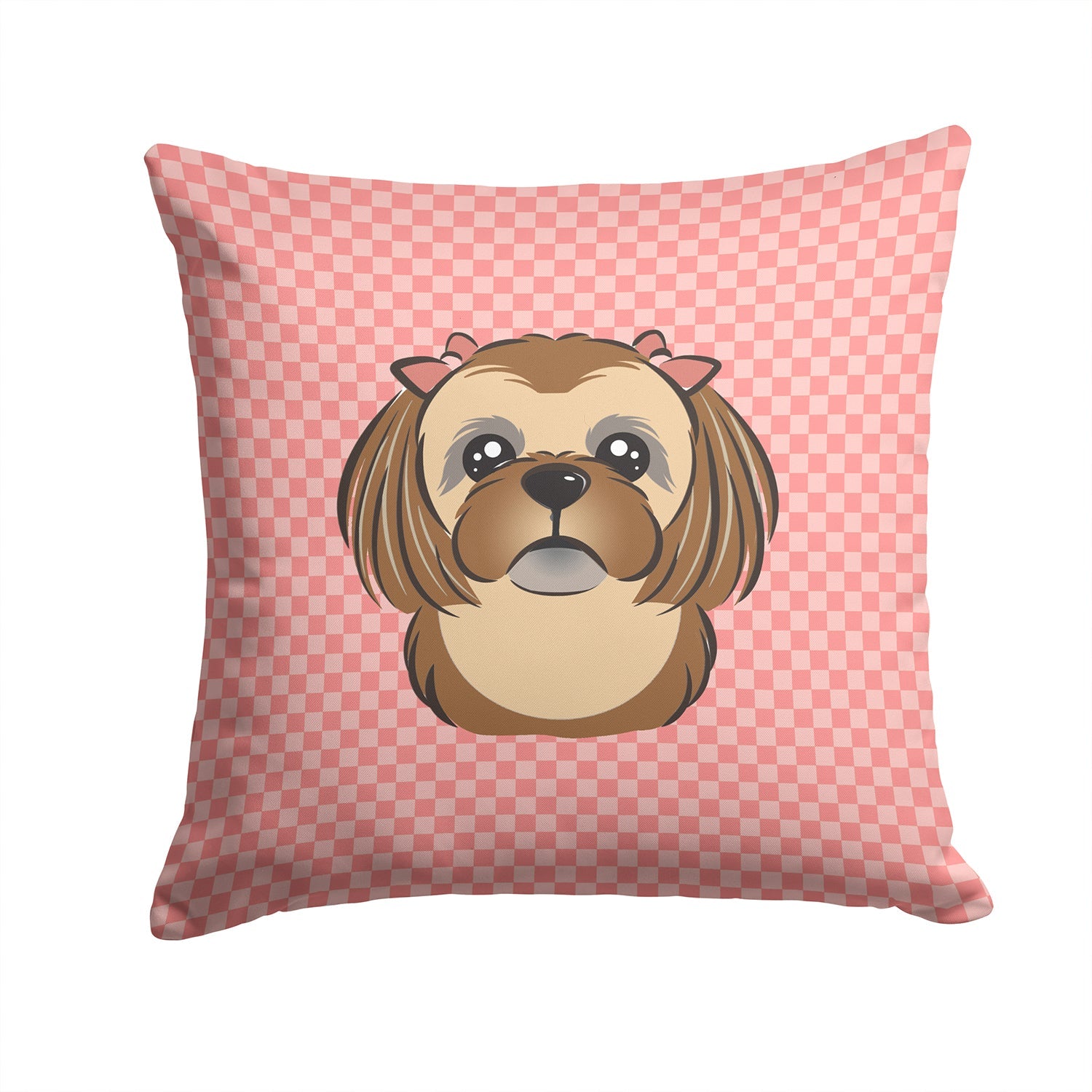Checkerboard Pink Chocolate Brown Shih Tzu Decorative Throw Pillow 14x14 Indoor Outdoor Accent Cushion, Fabric Cover with Insert for Sofa, Bed, Porch & Living Room