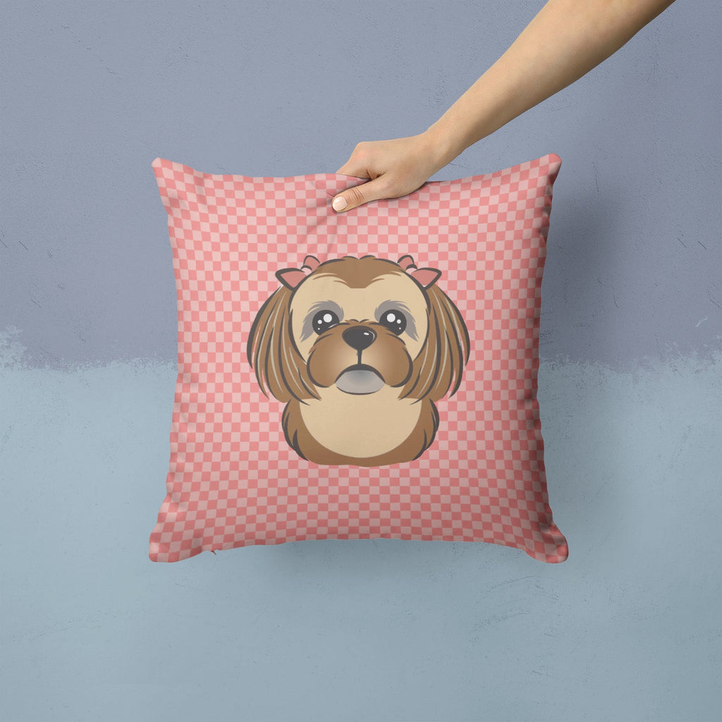 Checkerboard Pink Chocolate Brown Shih Tzu Decorative Throw Pillow 14x14 Indoor Outdoor Accent Cushion, Fabric Cover with Insert for Sofa, Bed, Porch & Living Room