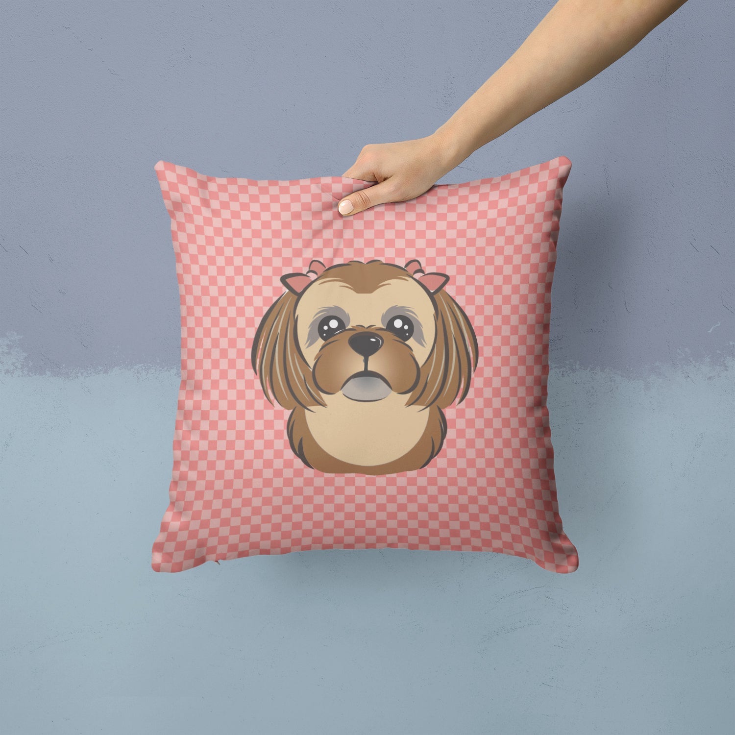 Checkerboard Pink Chocolate Brown Shih Tzu Decorative Throw Pillow 14x14 Indoor Outdoor Accent Cushion, Fabric Cover with Insert for Sofa, Bed, Porch & Living Room