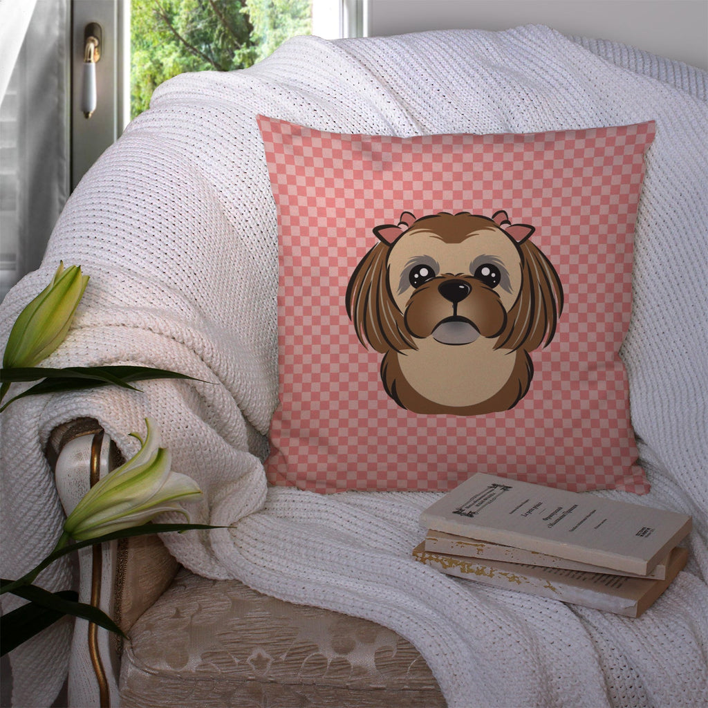 Checkerboard Pink Chocolate Brown Shih Tzu Decorative Throw Pillow 14x14 Indoor Outdoor Accent Cushion, Fabric Cover with Insert for Sofa, Bed, Porch & Living Room