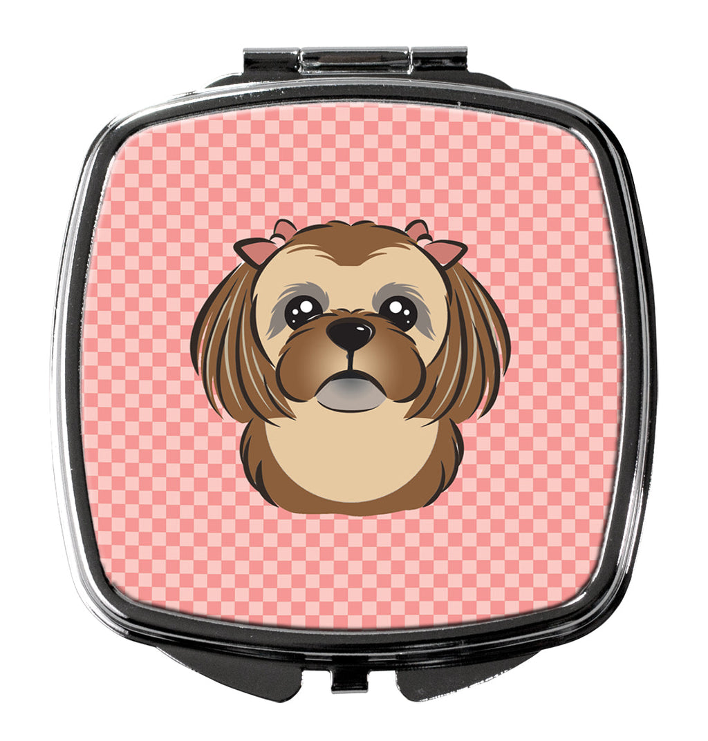 Checkerboard Pink Chocolate Brown Shih Tzu Compact Mirror Decorative Travel Makeup Mirror for Women Girls Gifts Pocket Makeup Mirror Folding Handheld