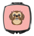 Checkerboard Pink Chocolate Brown Shih Tzu Compact Mirror Decorative Travel Makeup Mirror for Women Girls Gifts Pocket Makeup Mirror Folding Handheld