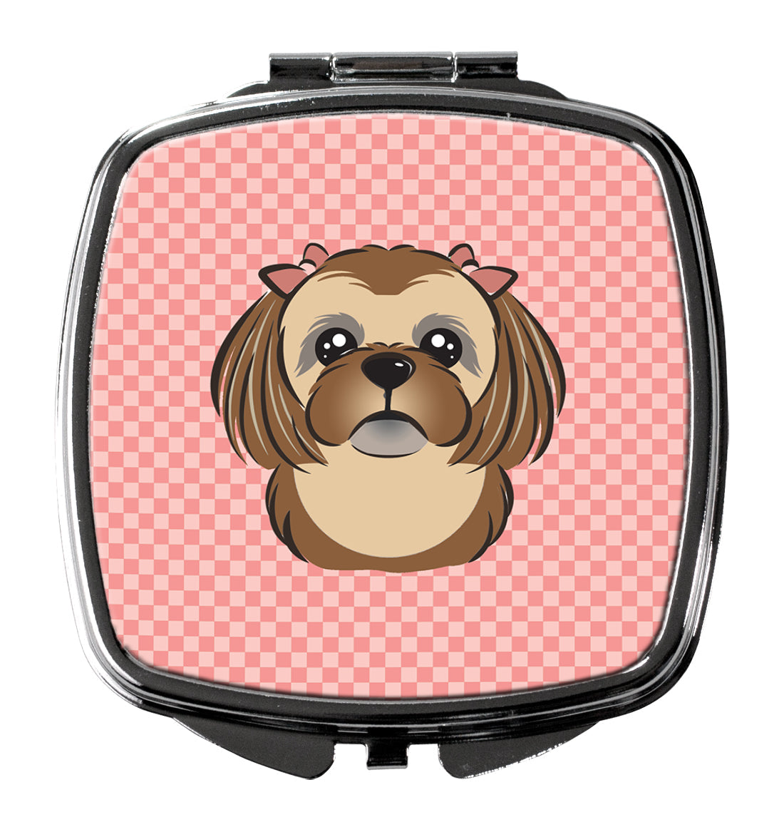 Checkerboard Pink Chocolate Brown Shih Tzu Compact Mirror Decorative Travel Makeup Mirror for Women Girls Gifts Pocket Makeup Mirror Folding Handheld