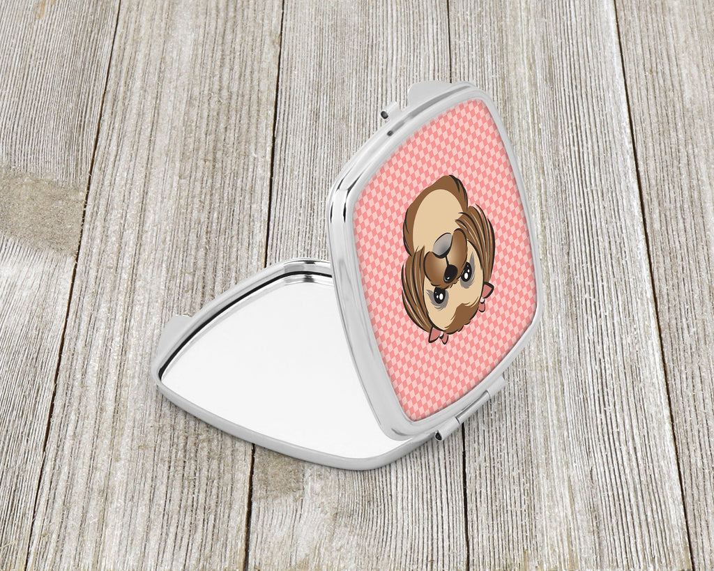 Checkerboard Pink Chocolate Brown Shih Tzu Compact Mirror Decorative Travel Makeup Mirror for Women Girls Gifts Pocket Makeup Mirror Folding Handheld