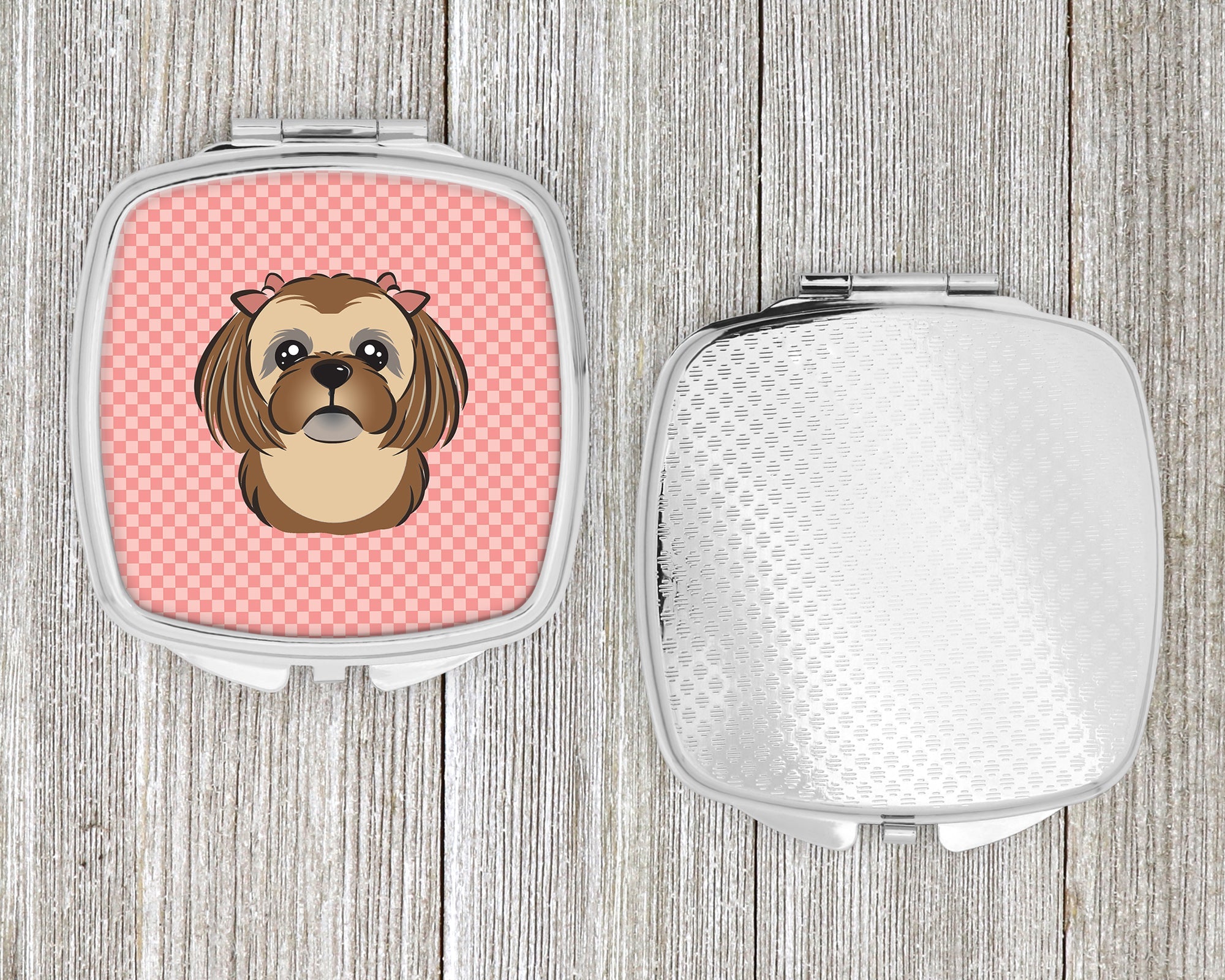 Checkerboard Pink Chocolate Brown Shih Tzu Compact Mirror Decorative Travel Makeup Mirror for Women Girls Gifts Pocket Makeup Mirror Folding Handheld