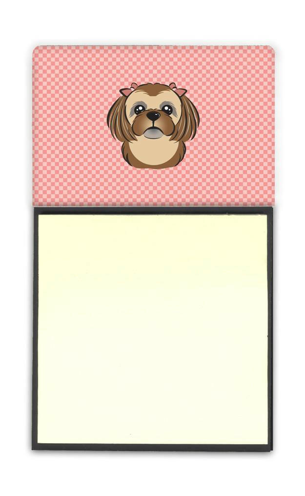 Checkerboard Pink Chocolate Brown Shih Tzu Watercolor Sticky Note Holder Refillable Dispenser Desk Accessory 3x3 Pad Gift
