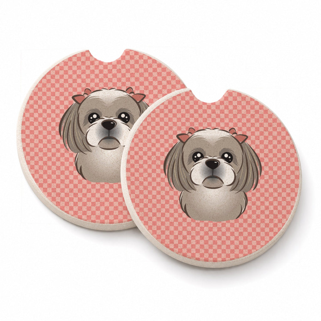 Checkerboard Pink Gray Silver Shih Tzu Set of 2 Cup Holder Car Coasters Absorbent Round Sandstone Coasters Gifts for Men or Women, 2.5, Multicolor