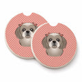 Checkerboard Pink Gray Silver Shih Tzu Set of 2 Cup Holder Car Coasters Absorbent Round Sandstone Coasters Gifts for Men or Women, 2.5, Multicolor