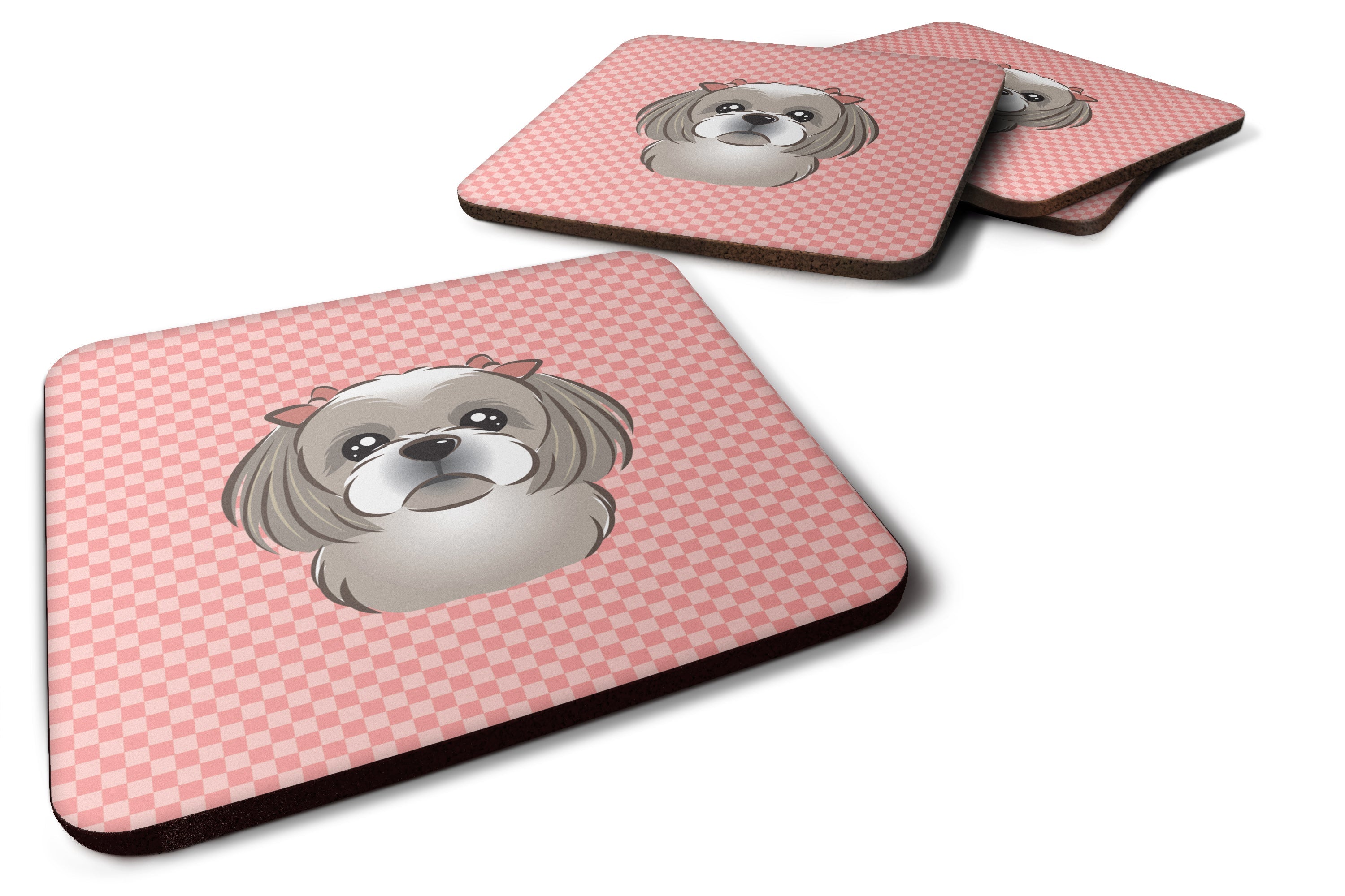 Checkerboard Pink Gray Silver Shih Tzu Foam Coasters Set of 4 Cup Coasters for Indoor Outdoor, Tabletop Protection, Anti Slip, Mouse pad Material