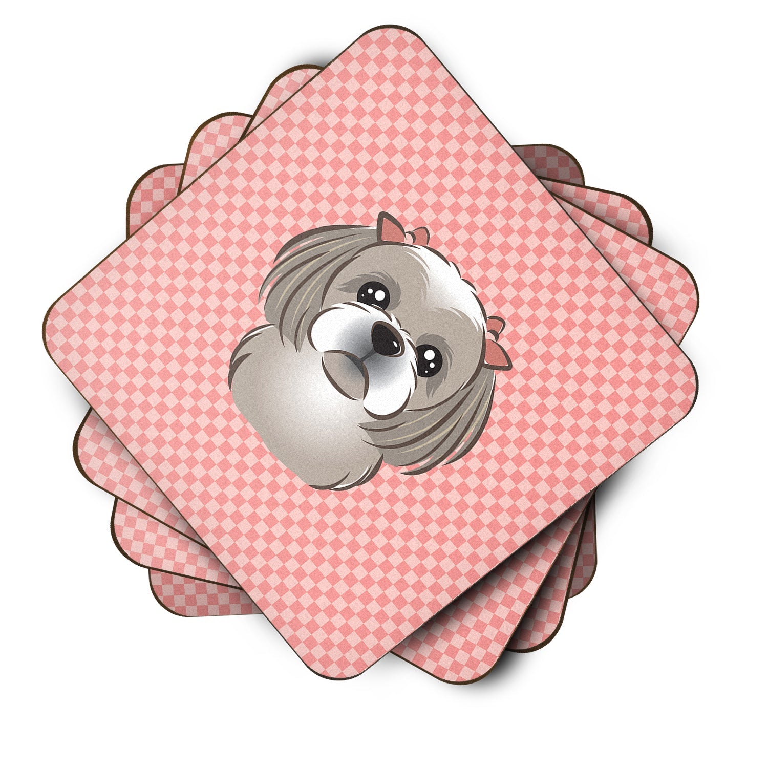 Checkerboard Pink Gray Silver Shih Tzu Foam Coasters Set of 4 Cup Coasters for Indoor Outdoor, Tabletop Protection, Anti Slip, Mouse pad Material
