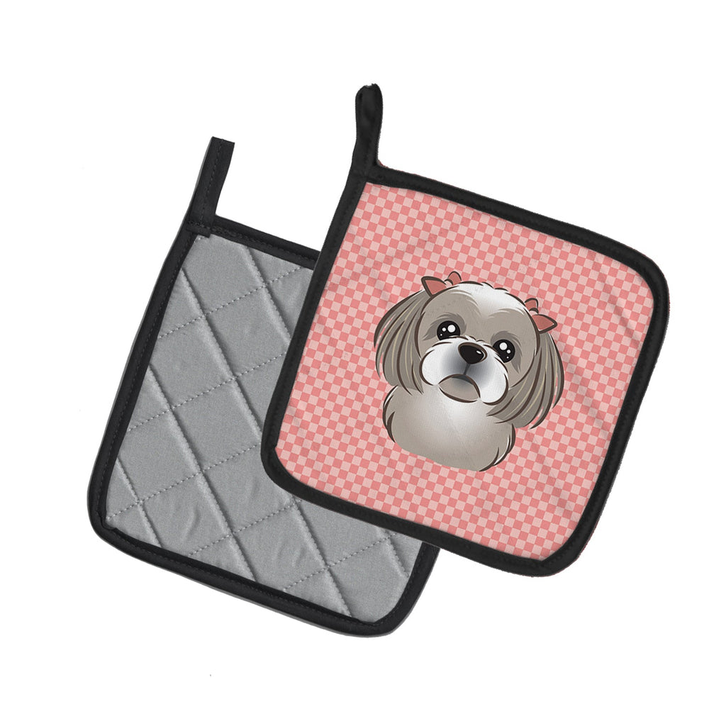 Checkerboard Pink Gray Silver Shih Tzu Pot Holder Set of 2 Heat Resistant Quilted Hot Pads 7.5 x 7.5 Inch, Insulated Kitchen Trivets for Cooking & Baking