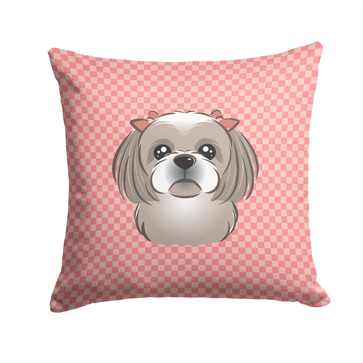 Checkerboard Pink Gray Silver Shih Tzu Decorative Throw Pillow 14x14 Indoor Outdoor Accent Cushion, Fabric Cover with Insert for Sofa, Bed, Porch & Living Room