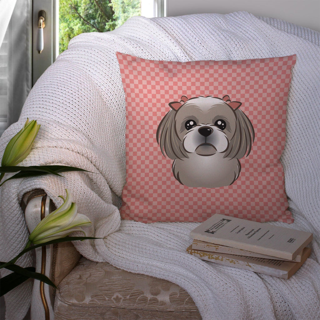 Checkerboard Pink Gray Silver Shih Tzu Decorative Throw Pillow 14x14 Indoor Outdoor Accent Cushion, Fabric Cover with Insert for Sofa, Bed, Porch & Living Room