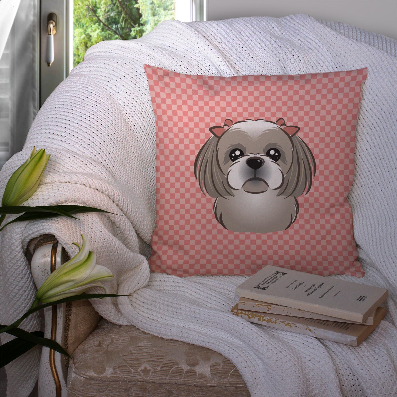 Checkerboard Pink Gray Silver Shih Tzu Decorative Throw Pillow 14x14 Indoor Outdoor Accent Cushion, Fabric Cover with Insert for Sofa, Bed, Porch & Living Room