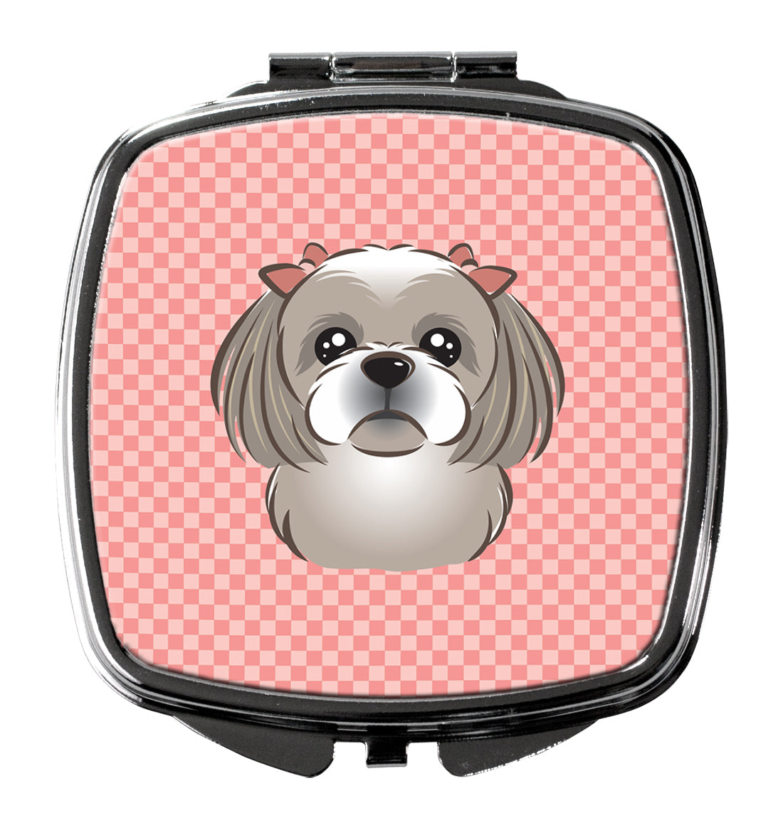 Checkerboard Pink Gray Silver Shih Tzu Compact Mirror Decorative Travel Makeup Mirror for Women Girls Gifts Pocket Makeup Mirror Folding Handheld