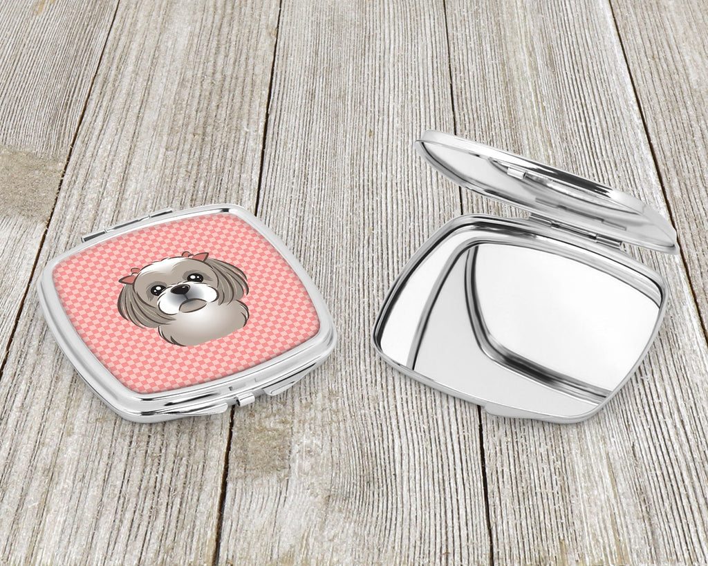 Checkerboard Pink Gray Silver Shih Tzu Compact Mirror Decorative Travel Makeup Mirror for Women Girls Gifts Pocket Makeup Mirror Folding Handheld