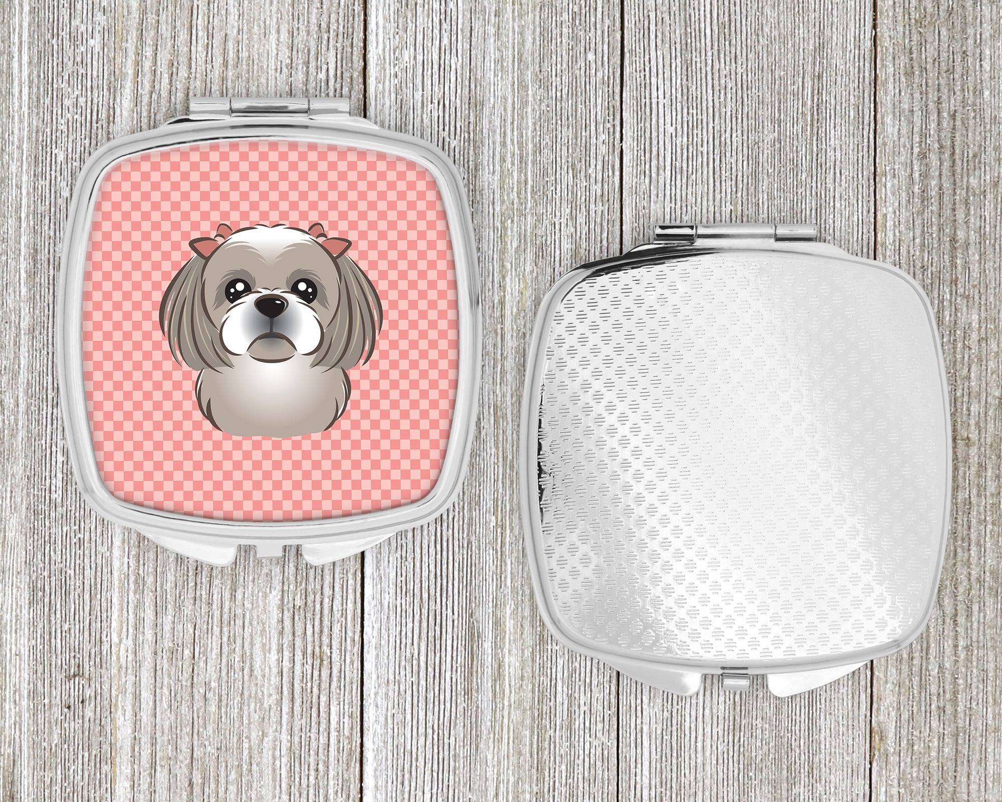 Checkerboard Pink Gray Silver Shih Tzu Compact Mirror Decorative Travel Makeup Mirror for Women Girls Gifts Pocket Makeup Mirror Folding Handheld