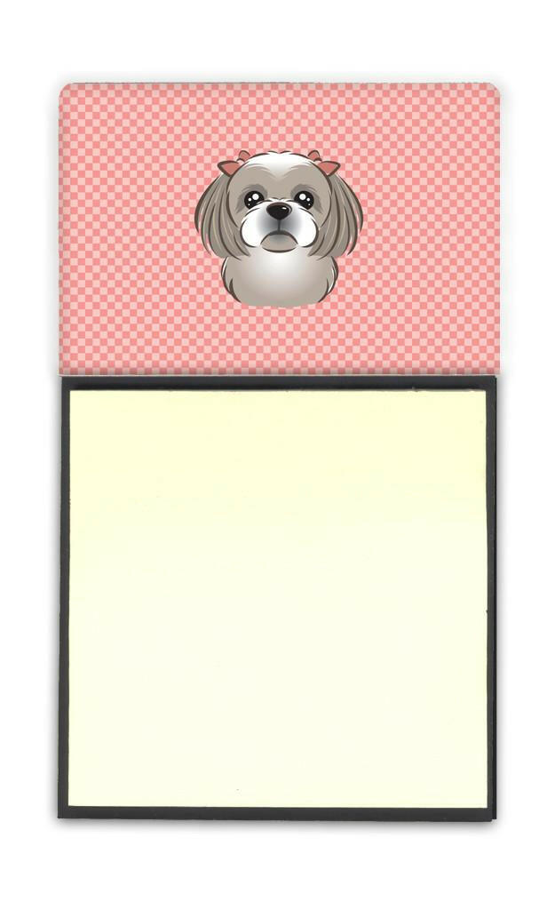 Checkerboard Pink Gray Silver Shih Tzu Watercolor Sticky Note Holder Refillable Dispenser Desk Accessory 3x3 Pad Gift