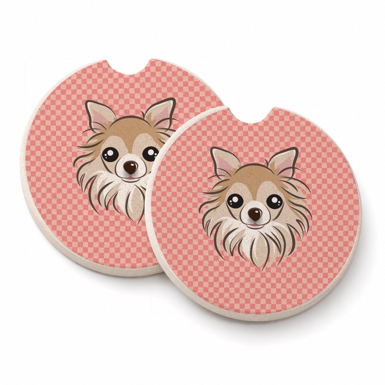 Checkerboard Pink Chihuahua Set of 2 Cup Holder Car Coasters Absorbent Round Sandstone Coasters Gifts for Men or Women, 2.5, Multicolor