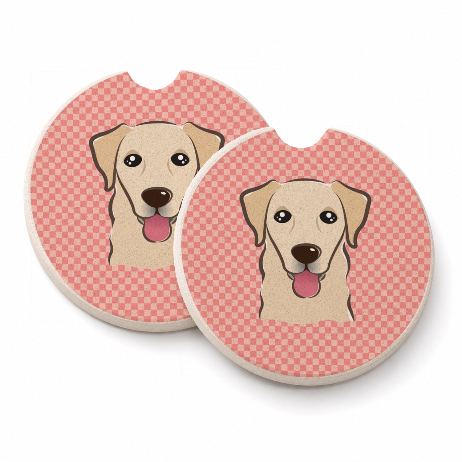 Checkerboard Pink Golden Retriever Set of 2 Cup Holder Car Coasters Absorbent Round Sandstone Coasters Gifts for Men or Women, 2.5, Multicolor