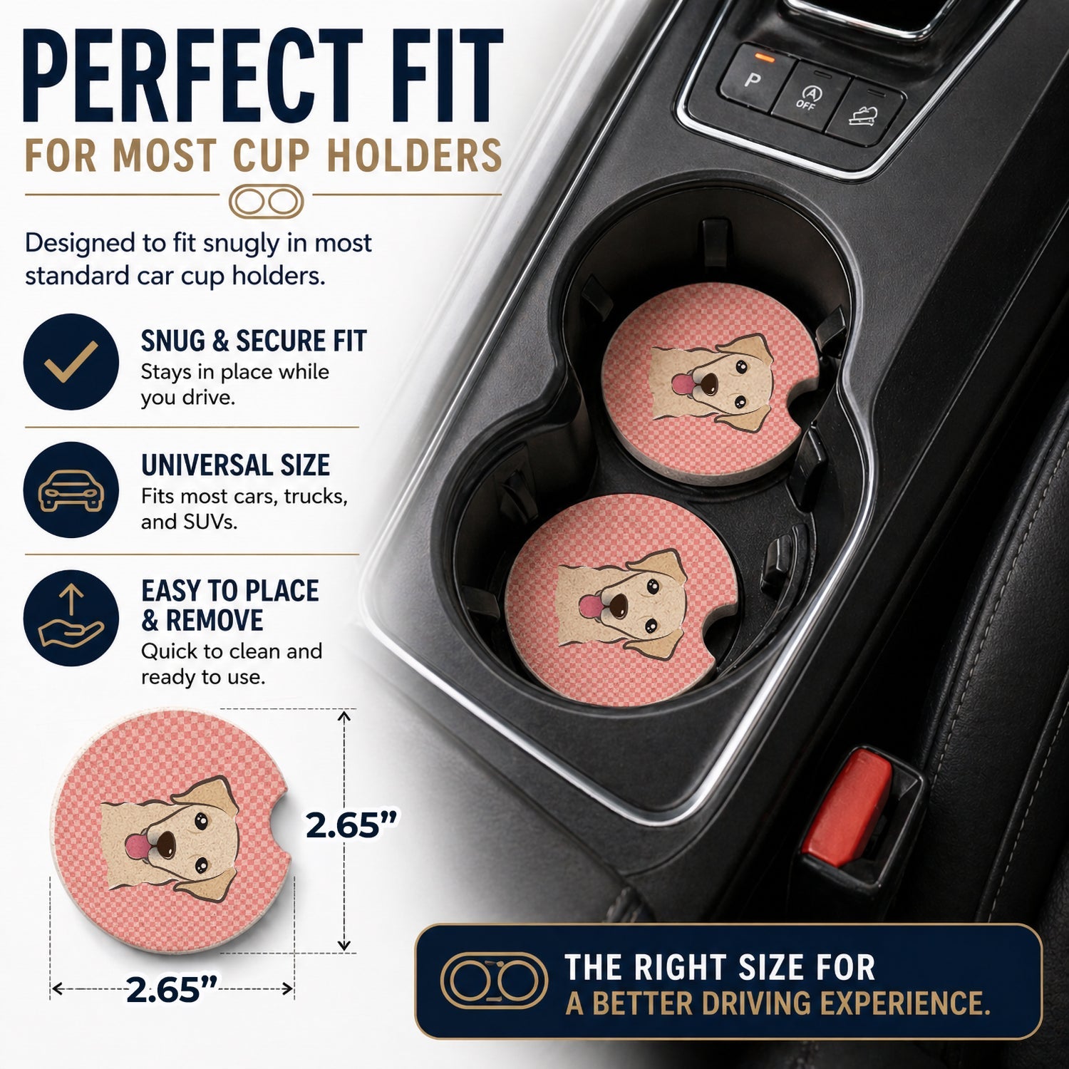 Checkerboard Pink Golden Retriever Set of 2 Cup Holder Car Coasters Absorbent Round Sandstone Coasters Gifts for Men or Women, 2.5, Multicolor