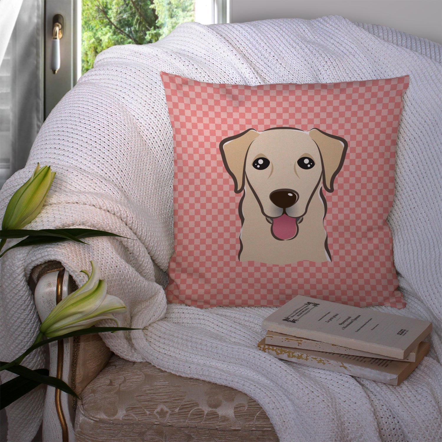 Checkerboard Pink Golden Retriever Decorative Throw Pillow 14x14 Indoor Outdoor Accent Cushion, Fabric Cover with Insert for Sofa, Bed, Porch & Living Room