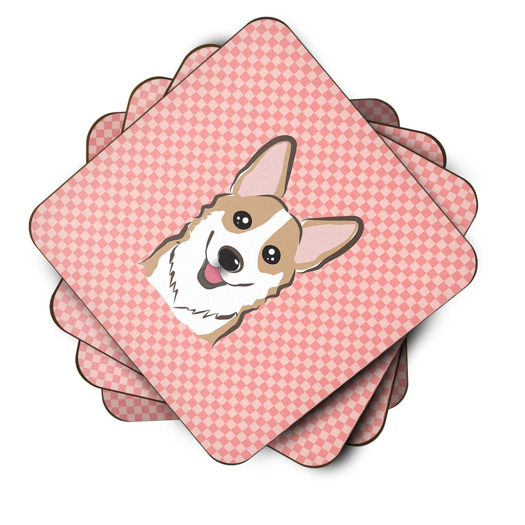 Checkerboard Pink Corgi Foam Coasters Set of 4 Cup Coasters for Indoor Outdoor, Tabletop Protection, Anti Slip, Mouse pad Material