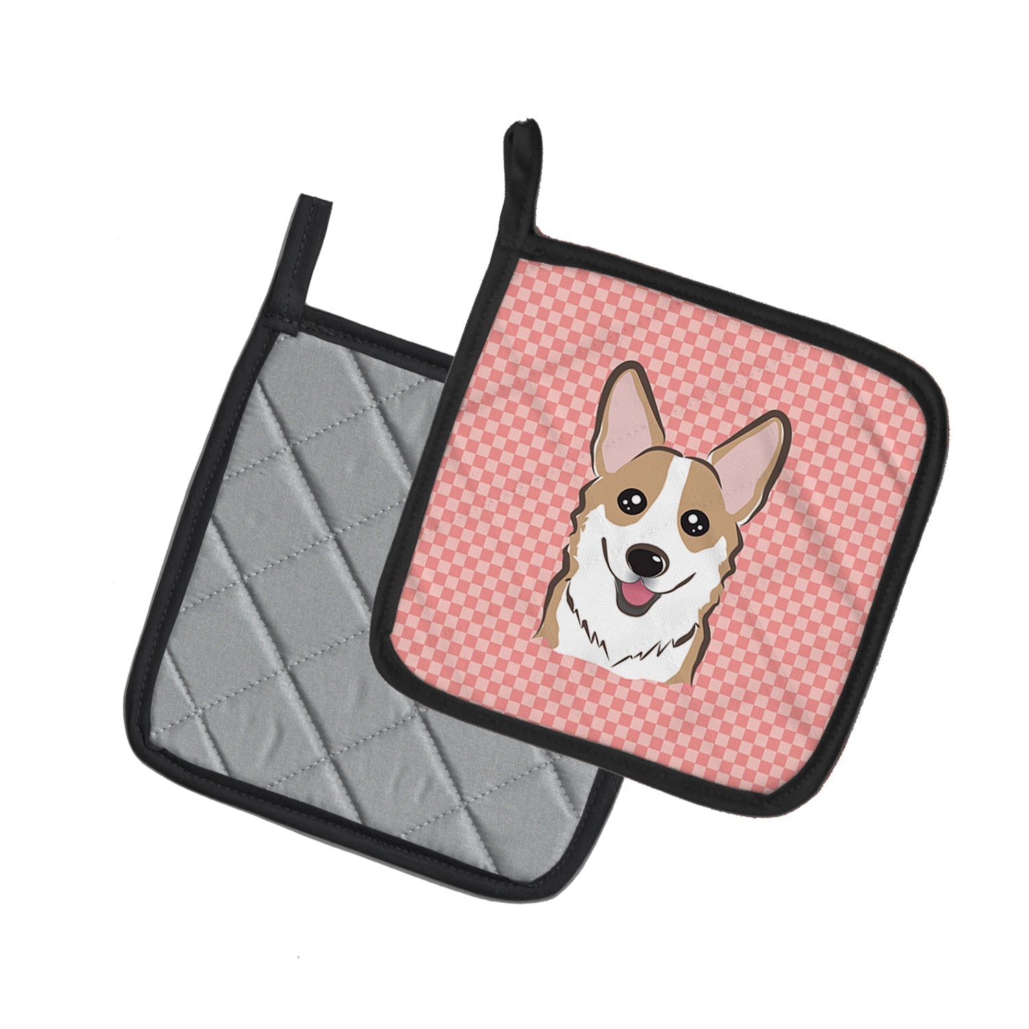 Checkerboard Pink Corgi Pot Holder Set of 2 Heat Resistant Quilted Hot Pads 7.5 x 7.5 Inch, Insulated Kitchen Trivets for Cooking & Baking