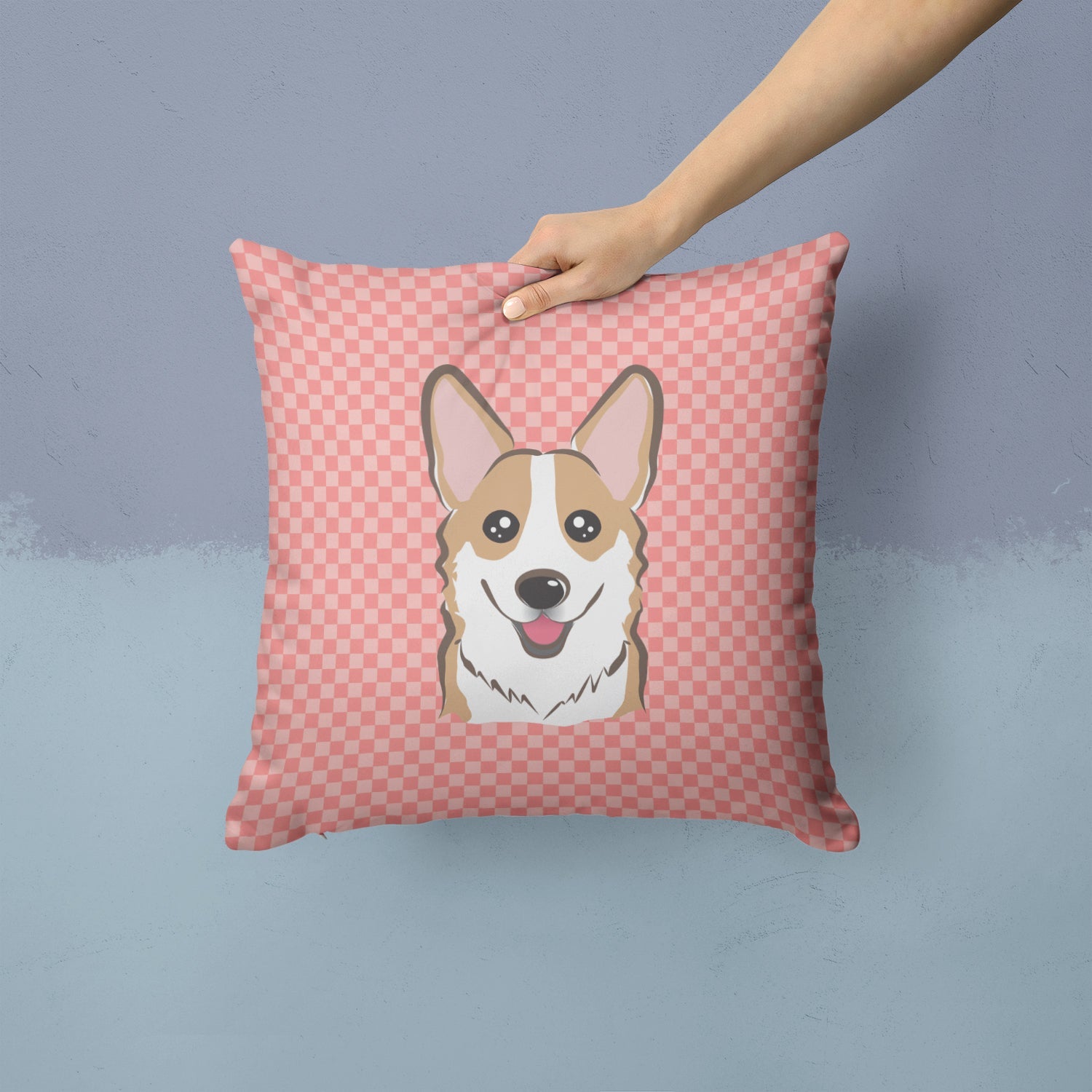 Checkerboard Pink Corgi Decorative Throw Pillow 14x14 Indoor Outdoor Accent Cushion, Fabric Cover with Insert for Sofa, Bed, Porch & Living Room