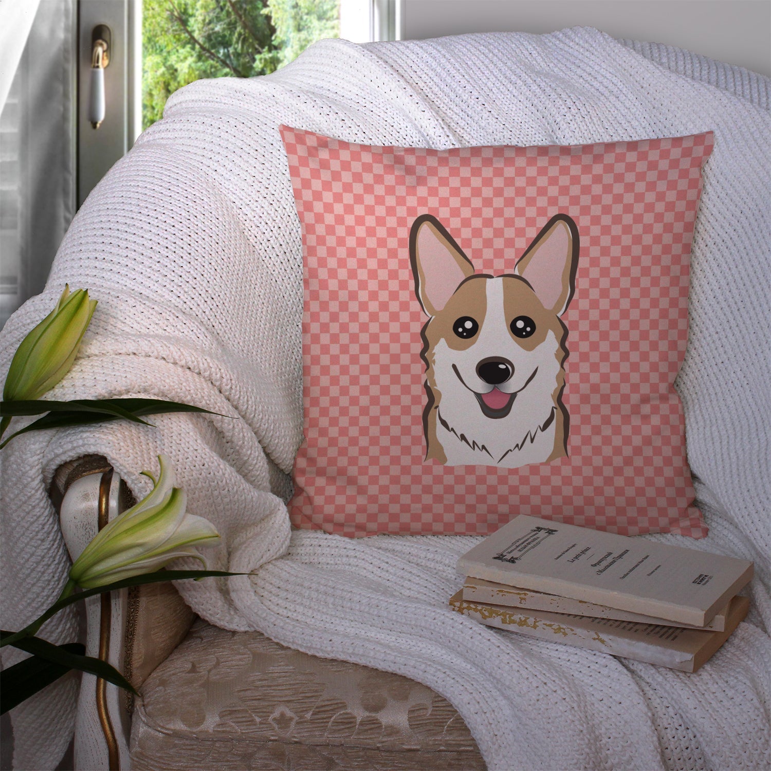Checkerboard Pink Corgi Decorative Throw Pillow 14x14 Indoor Outdoor Accent Cushion, Fabric Cover with Insert for Sofa, Bed, Porch & Living Room