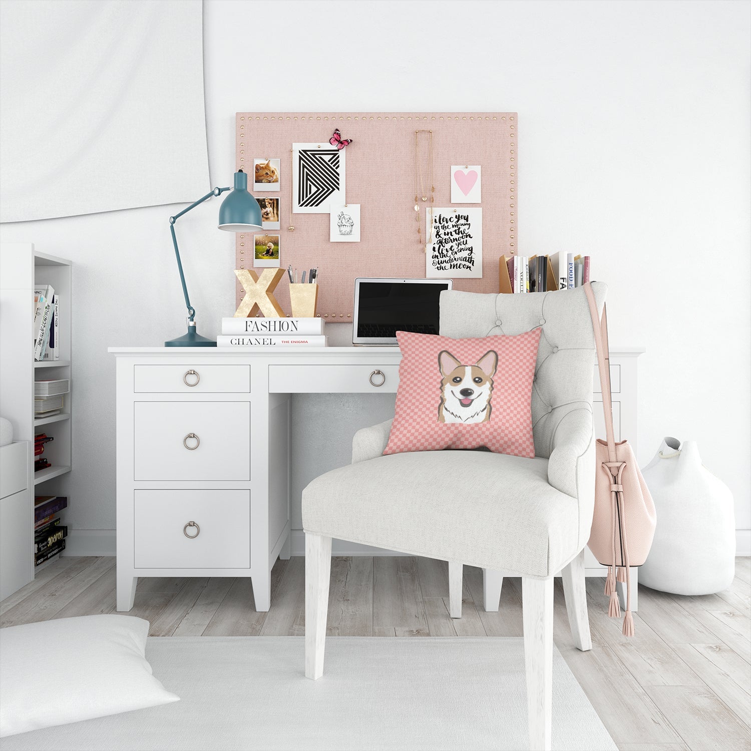 Checkerboard Pink Corgi Decorative Throw Pillow 14x14 Indoor Outdoor Accent Cushion, Fabric Cover with Insert for Sofa, Bed, Porch & Living Room