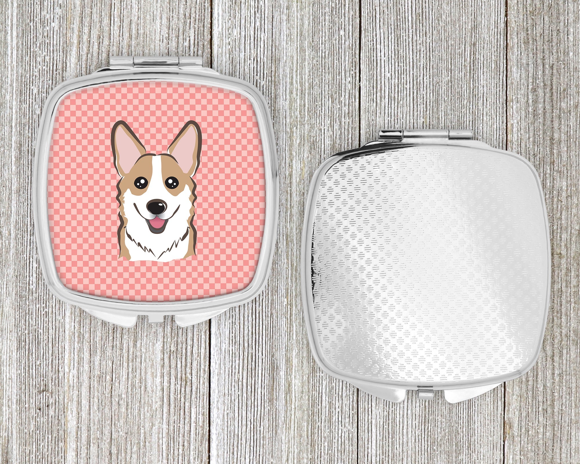 Checkerboard Pink Corgi Compact Mirror Decorative Travel Makeup Mirror for Women Girls Gifts Pocket Makeup Mirror Folding Handheld