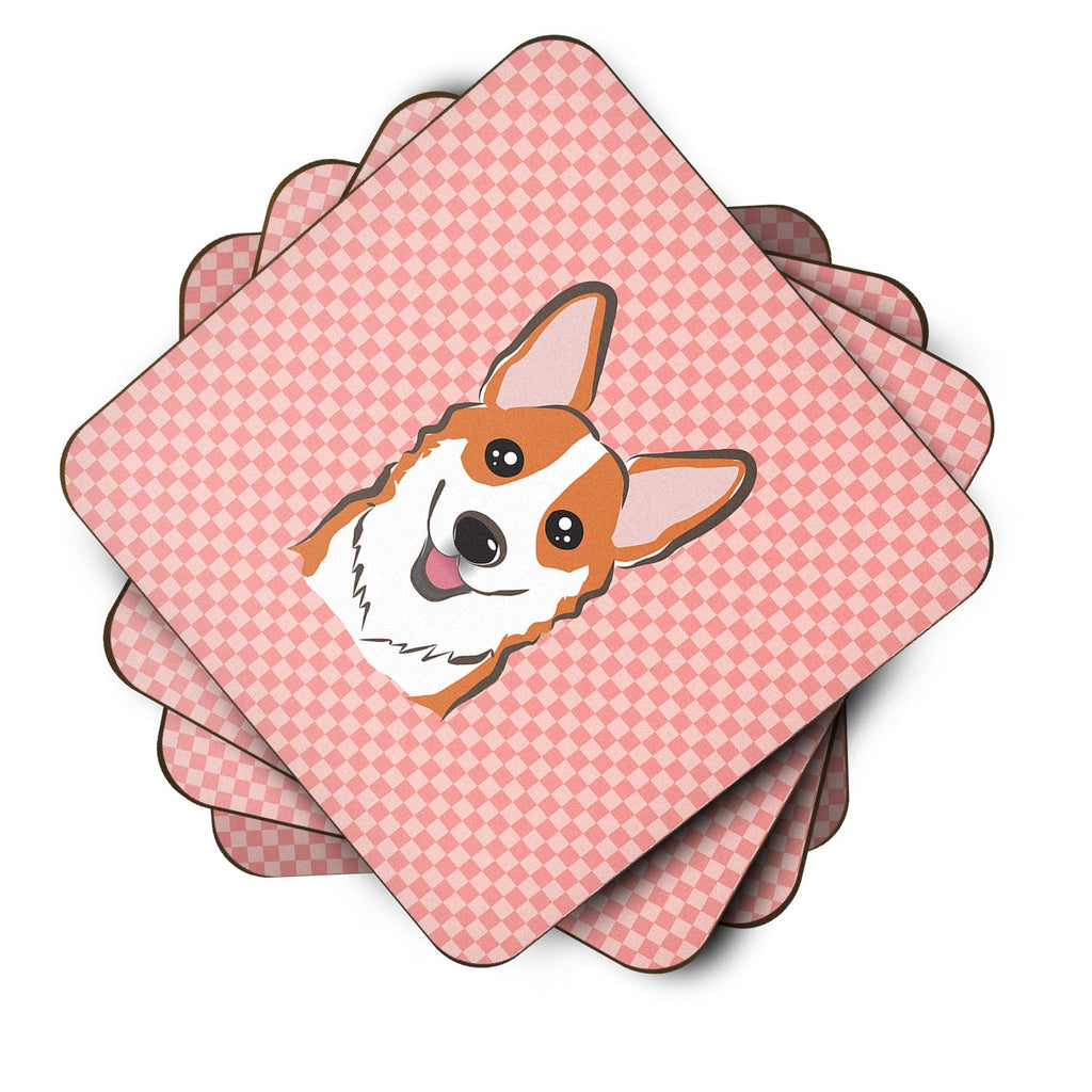 Checkerboard Pink Corgi Foam Coasters Set of 4 Cup Coasters for Indoor Outdoor, Tabletop Protection, Anti Slip, Mouse pad Material