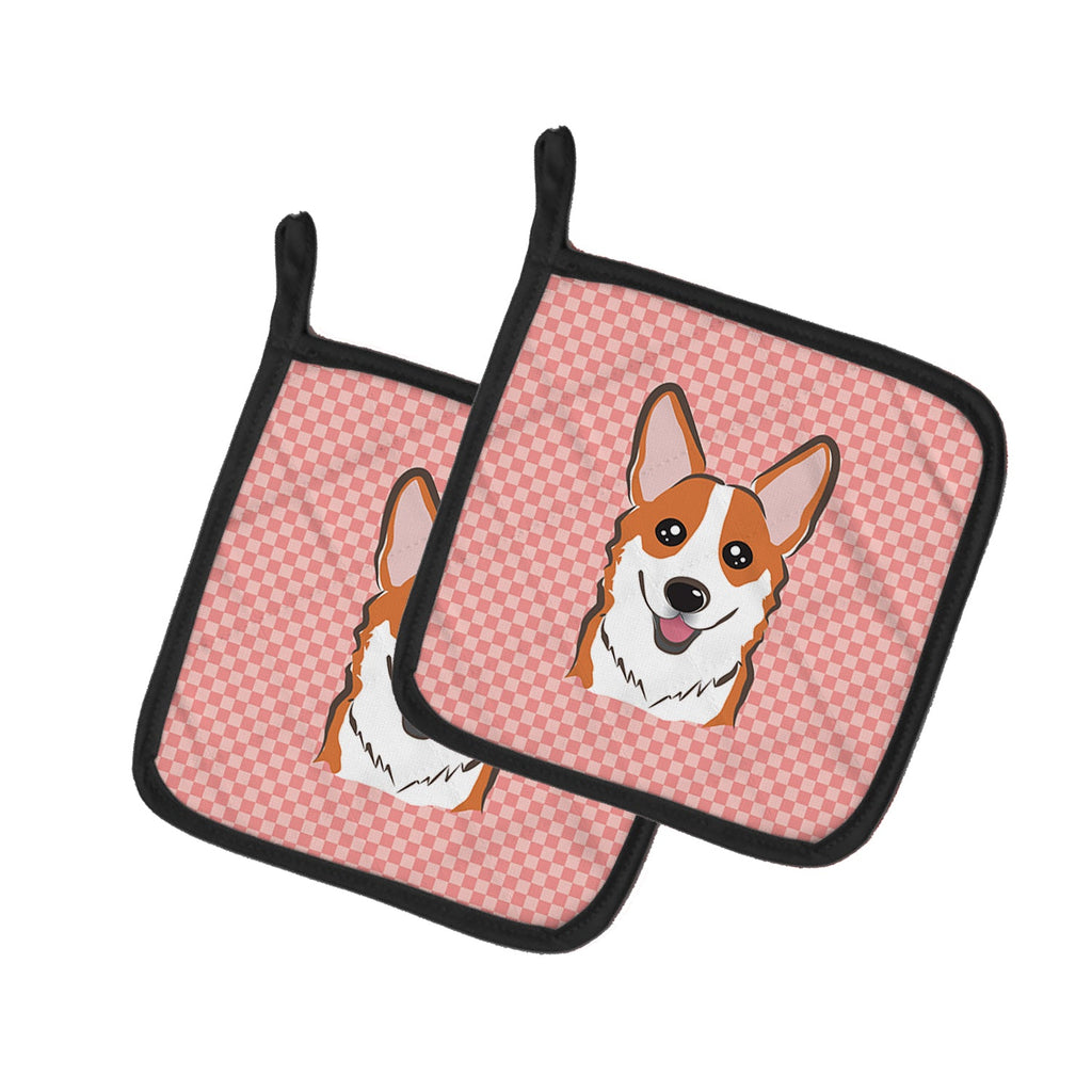 Checkerboard Pink Corgi Pot Holder Set of 2 Heat Resistant Quilted Hot Pads 7.5 x 7.5 Inch, Insulated Kitchen Trivets for Cooking & Baking