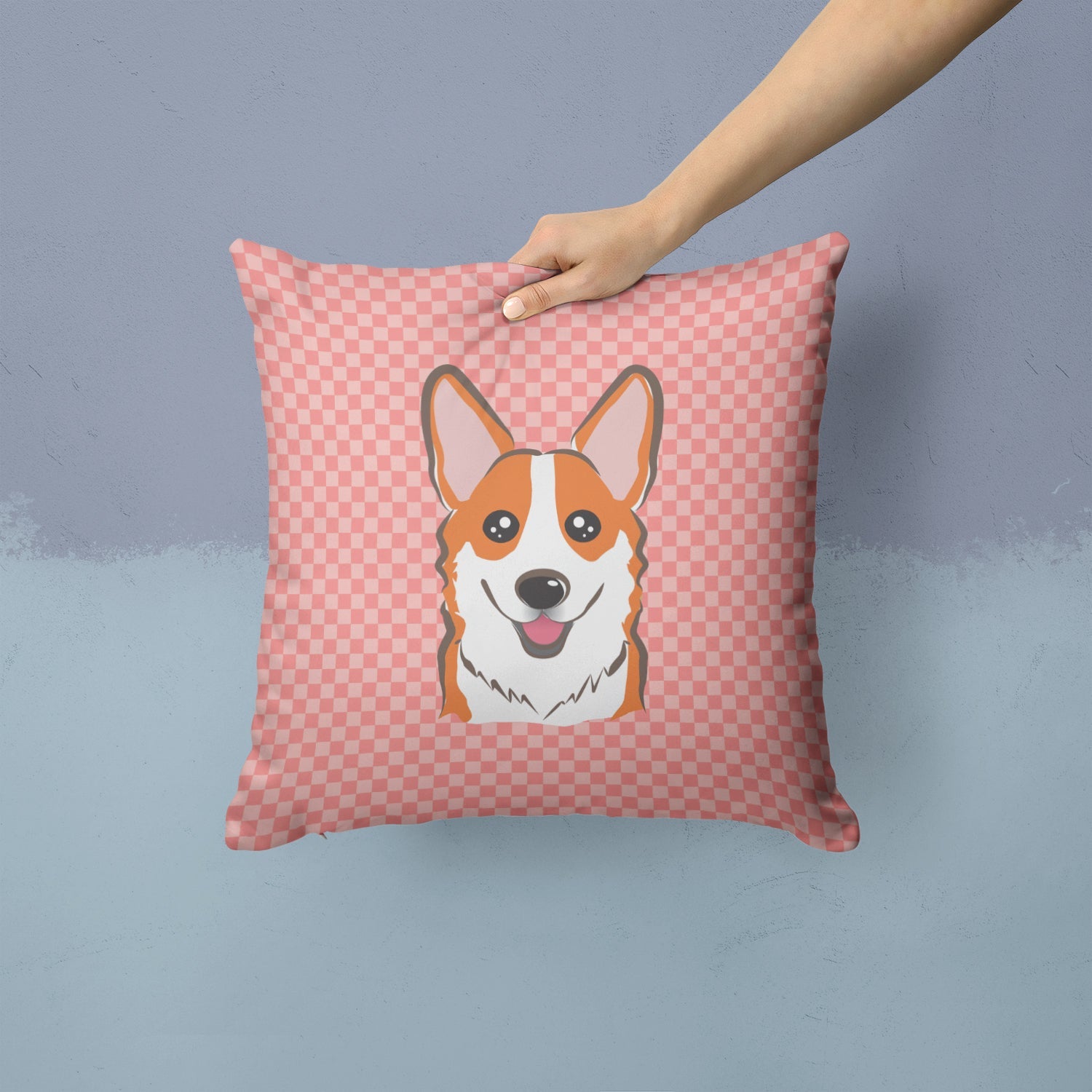 Checkerboard Pink Corgi Decorative Throw Pillow 14x14 Indoor Outdoor Accent Cushion, Fabric Cover with Insert for Sofa, Bed, Porch & Living Room
