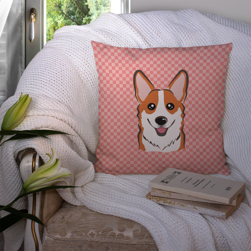 Checkerboard Pink Corgi Decorative Throw Pillow 14x14 Indoor Outdoor Accent Cushion, Fabric Cover with Insert for Sofa, Bed, Porch & Living Room