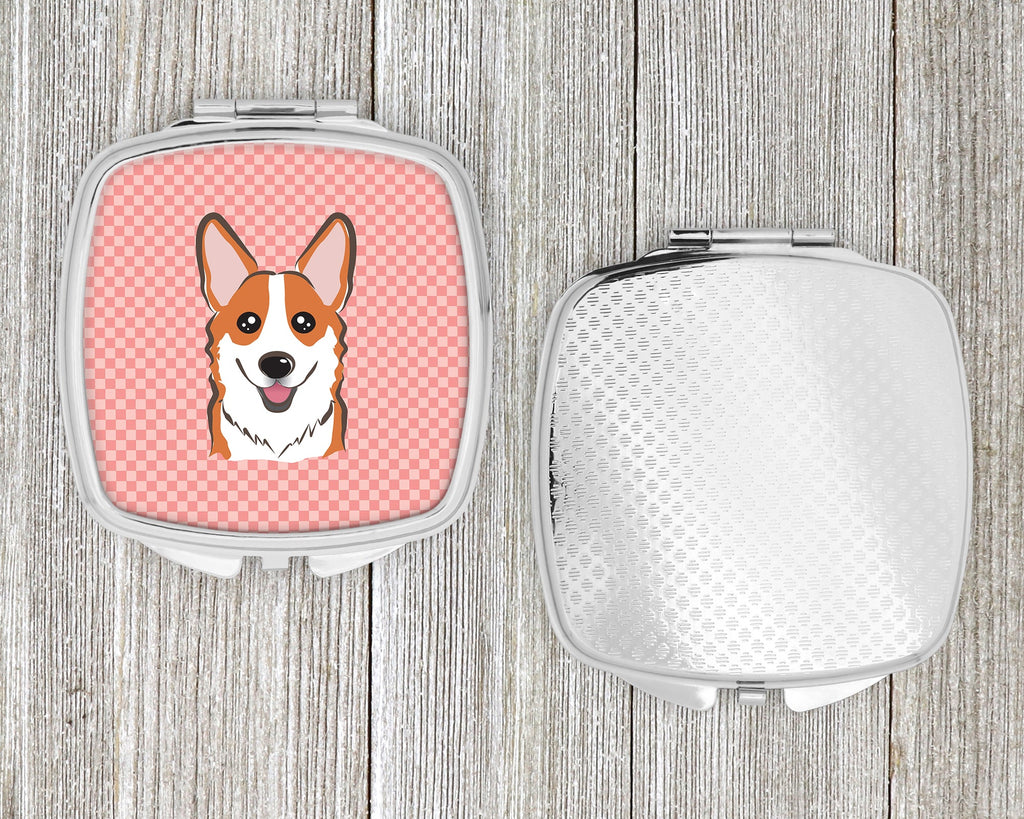 Checkerboard Pink Corgi Compact Mirror Decorative Travel Makeup Mirror for Women Girls Gifts Pocket Makeup Mirror Folding Handheld